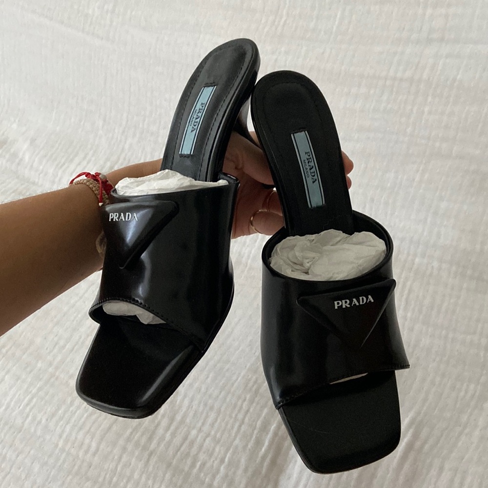 Prada Logo Plaque Mid-Heel Mules